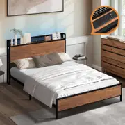 Oikiture Metal Bed Frame King Size LED Light USB Charge Storage Headboard