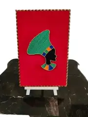 Handmade African String Art – Red Velvet Background | Green, Black, Blue Orange
