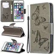 SATURCASE Case for Apple iPhone 6 Plus / 6S Plus, Butterflies Embossing PU Leather Flip Magnet Wallet Stand Card Slots Protective Cover with Hand Strap for Apple iPhone 6 Plus / 6S Plus (LD-Gray)