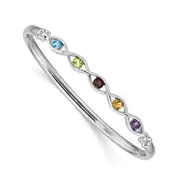 Sterling Silver Rhodium-Plated Multi-Gemstone Hinged Bangle