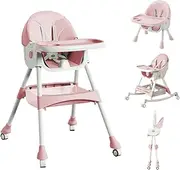High Chairs for Babies and Toddlers, 4 in 1 Convertible Baby High Chair, Portable High Chair for Travel with Adjustable Height and Back, Foldable HighChair with Wheels& Pu Cushion