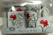 NIB Mug &Coaster & Tray KENT *Silent Night* Sheet Music Amaryllis Flower 3 PC.