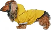 DJANGO Highland Dog Jacket and Raincoat - Water-Repellent, Windproof, and Harness-Friendly Hooded Winter Dog Coat & Raincoat with Adjustable Drawstrings & Gunmetal Hardware (Medium, Dandelion Yellow)