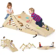 Costway Climb Playset 2PCS Wood Climbing Frame w/DIY Climber Reversible Ramp Slide & Seesaw Toy Set Indoor Gym