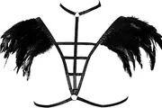 [PETM•HS] Punk Carnival Feather Texture Sling Chest Strap Bra Suit Underwear Sling top Suit (Black)