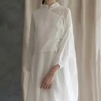 在飛比找Yahoo!奇摩拍賣優惠-風苧麻連身裙夏裝寬松大碼斜襟系帶中長款白色棉麻改良旗袍裙