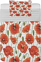 Lunarable Flower Microfiber Bedspread Set, Poppy Flowers Bloom Design Buds Water Droplets Dew Morning Time Pattern, Soft Bedding Set with Pillow Shams & Comforter, Twin Size, Orange Fern Green White