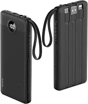 VRURC 10000mAh Power Bank with Built-in 4 Cables, Slim Portable Charger USB C External Cell Phone Battery Pack with 5 Outputs & 2 Inputs, LED Display Compatible with iPhone Samsung Android etc- Black