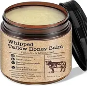 Grass Fed Whipped Beef Tallow With Honey Face Body Moisturizer, Organic Unscented Fast Absorption Cream Infused with Manuka Beeswax Olive Oil, Beef Tallow Balm for Skin, 4oz