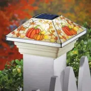 Solar Powered Stained Glass Look Fall Pumpkin Fence Post Cap Light