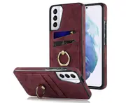 Full Protection Cover for Samsung Galaxy S21 Plus, 2 Cards PU Leather Case with Ring Holder - Dark Red