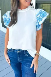 I AM A FASHION JUNKY White Embroidered Ruffled Sleeve Frilled Collar Blouse