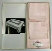 Vintage Swiss Damask Tablecloth 52 x 68, 6 Napkins Pink Stoffels Rectangle NOS