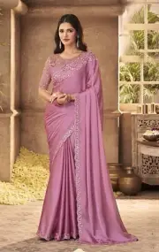 Women's Silk Net Embroidered Heavy Border Saree With Unstitched Blouse Pc, Pink