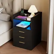 Advwin Bedside Table 3 Drawers Wooden, Chest of Drawers with Storage Shelf, LED Nightstand with Charging Station and USB Port Black