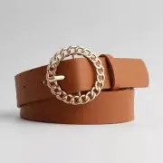 Western Round Gold Buckle Faux Leather Belt Camel Brown