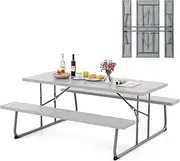 Costway Folding Picnic Table with 2 Benches, 1.8m Camping Table Set w/Metal Frame & All-Weather HDPE Tabletop, Umbrella Hole, 8-Person Large Outdoor Dining Table for Garden Yard Poolside (Grey)