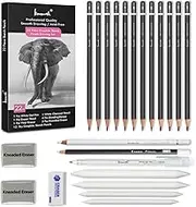 Brusarth Drawing Sketching Pencil Set - 22 Piece Graphite Pencils, White Gel Pen, White Charcoal Pencils, Eraser Pencils, Erasers, Blending Stumps for Drawing, Sketching, Shading, Blending