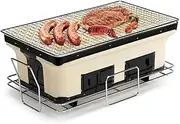 Healthy Choice BBQ Tabletop Grill - Hibachi Japanese Korean Style Traditional Clay Firebox Barbecue Grill for Outdoors - Protable, Dual Charcoal Chambers for Camping, Beach & Picnic - Rectangle