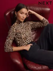 Animal Leopard Long Sleeve Ribbed Roll Neck Top (B41984) | $29