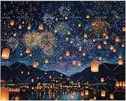 Festival Paint by Numbers Kit for Adults - DIY Sky Lanterns and Fireworks Night Painting on Canvas 16x20 Inches, Acrylic Paint Set,Suitable for Beginners,Celebration Art for Decoration/Gifts