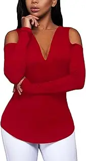 Defal Women's Sexy V-Neck Cold Shoulder Long Sleeve Blouse Shirt Slim Lace-Up Ribbed Stretchy T-Shirt Top