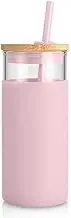 Tronco 20 oz Glass Tumbler with Lids and Straws, Glass Water Bottle Silicone Protective Sleeve, Iced Coffee Cup with Bamboo Lid, Reusable Smoothie Cup, BPA Free (Pink 1 Count)