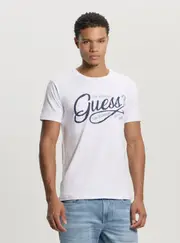 GUESS White Script Logo T-Shirt Size: Large, Cotton