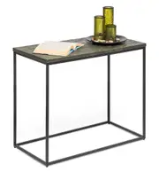 Narrow Black Sofa Side Table with Textured Wood Top