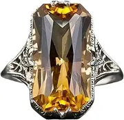 Vsoruln 925 Sterling Silver Shiny Big Square Citrine Ring 3Ct Zirconia Promise Ring Citrine Carved Rings CZ Yellow Gem Cocktail Rings Eternity Engagement Wedding Band Ring for Women