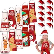 Hercicy 20 Pcs Kids Christmas Apron and Hat Set 10 Adjustable Children Christmas Chef Apron with Snowman Deer Gingerbread 10 Kids Santa Hat for Girl Boy Kitchen Cooking Baking Crafting Painting Party, As the Picture Shown, 10