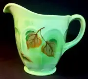 Fenton Art Glass Hand Painted Copper Leaf On Chameleon Green Pitcher