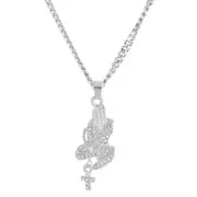 Silver Plated Mini Pray Hand Pendant 20" Cuban Chain Necklace CP 294 S