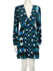 Blue Silk Checkered Print Mini Dress