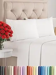 4 Piece Bed Sheet Queen Size Set, Flat Sheet, Fitted Sheet and 2 Pillowcases – Wrinkle Free, Soft Microfiber Sheets with Deep Pockets for Mattresses up to 35cm, Oeko-TEX Certified - Antique White