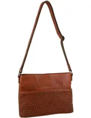 [PIERRE CARDIN] Leather Embossed Woven Cross-Body Bag in Cognac