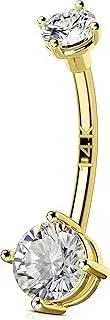 [OUFER] Gold Belly Button Rings, 14K Solid Gold Belly Rings, Shiny Clear CZ Belly Piercing Jewelry, Navel Rings, Long Navel Belly Rings For Women Men