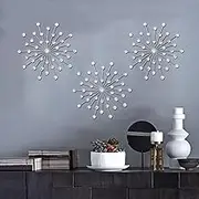 ZEXUIRU 3 Set Silver Metal Jeweled Wall Art Bling Crystal Home Décor Starburst Rhinestone Wall Hanging Diamond Accents
