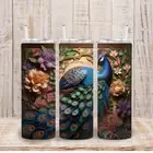 20 oz Skinny Straight 3D Peacock Bird Tumbler Cup Drink Ware w/ Straw