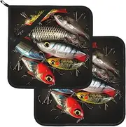2 Pack Pot Holders for Kitchen Heat Resistant Potholders Fishing Bait Pot Holders Set Washable Hot Pads with Loop Non Slip Potholders for Cooking Baking BBQ Microwave 8 x 8 Inch