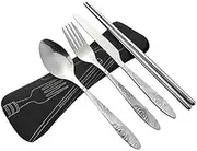 5Pcs Cutlery Travel Knife Fork Portable Bag Stainless Steel Spoon Chopstick Set (Black)