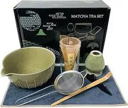 AIYICIII Matcha Set (7pcs) - Matcha Whisk and Bowl (15 OZ), Matcha Scoop, Whisk Stand (Chasen Holder), Perfect Starter Kit for Matcha Tea Ceremony with Pouring Spout Bowl (Mottled Green)