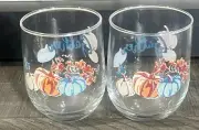 Set Of 2 Fall Pumpkin “GATHER” Thanksgiving Stemless Wine Glasses 17 oz