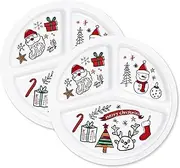 QIOON 10 Inch Christmas Divided Plates, 2-Pack Melamine Portion Control Plates, Dishwasher Safe, Festive Holiday Design with Santa, Snowman, and Reindeer, Perfect for Balanced Meals