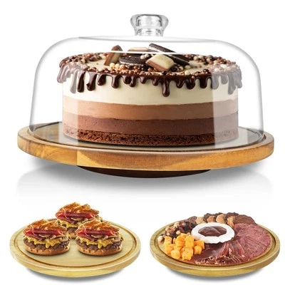 Wood Cake Stand with Lid, 12in Acacia Wood Cake Plate with Cover, Wooden Cake...