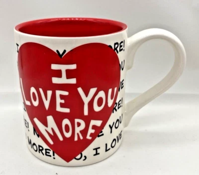 I LOVE YOU MORE ! Coffee Mug Louie Veasey VTG TEA COCOA RED WHITE BLACK HEART