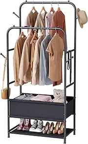 [Furologee] Double Rods Clothing Garment Rack with Storage Box,Clothing Rack for Hanging Clothes with 4 Side Hooks,Metal Frame Wardrobe Clothes Organizer for Bedroom,Living Room,Black