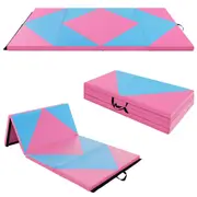 Costway 117x60x20cm 4-fold Gymnastics Mat PU Leather Tumbling Exercise Mat for Home Gym Yoga Fitness Blue & Pink