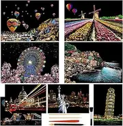 Heyu-Lotus 8pcs Scratch Art Paper Rainbow Painting Sketch City Series Night Art Craft Scratch Scratchboard for Adult and Kids with 5 Tools