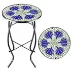 14 Inch Small Outdoor Side Table with Blue Morning Glory, Glass Mosaic Patio